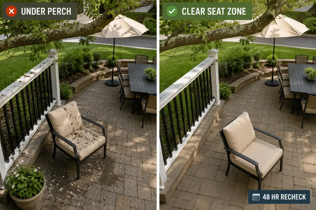 Before and after patio seating layout showing a chair moved out from under a bird perch line with a cleaner seating zone.