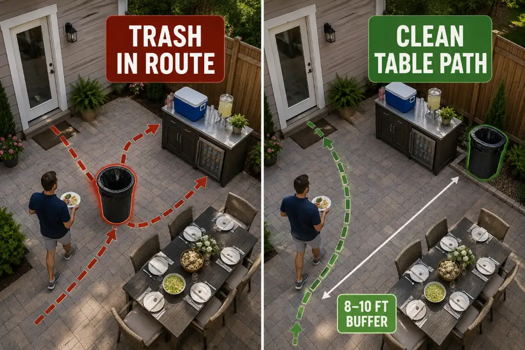 Before and after patio layout showing trash moved out of the doorway dining route with an 8 to 10 foot buffer.