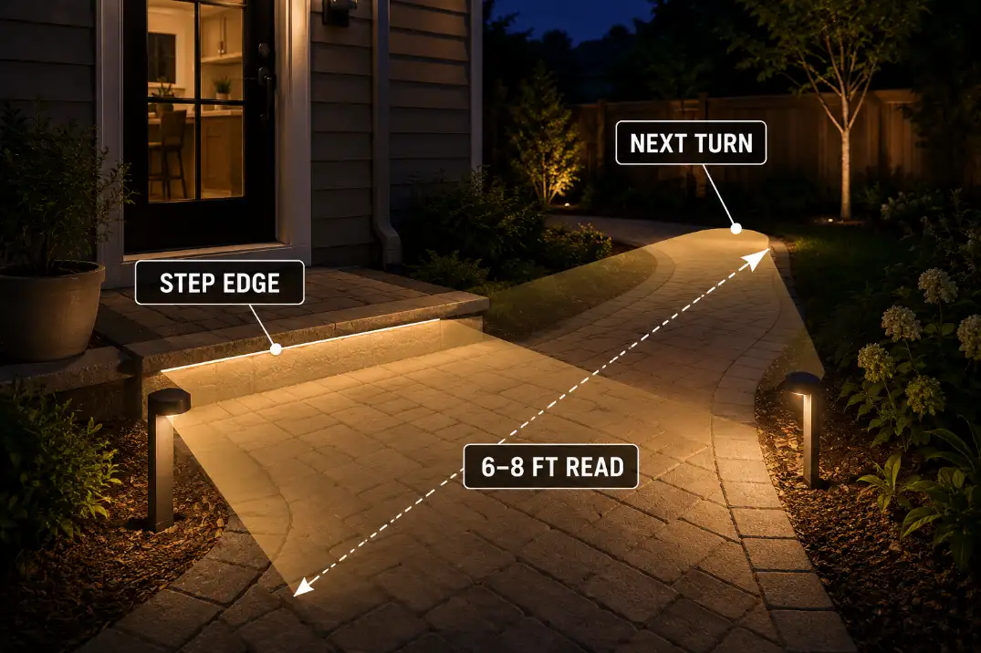 Nighttime patio path diagram showing step edge, next turn, and visibility from 6 to 8 feet before reaching the level change.