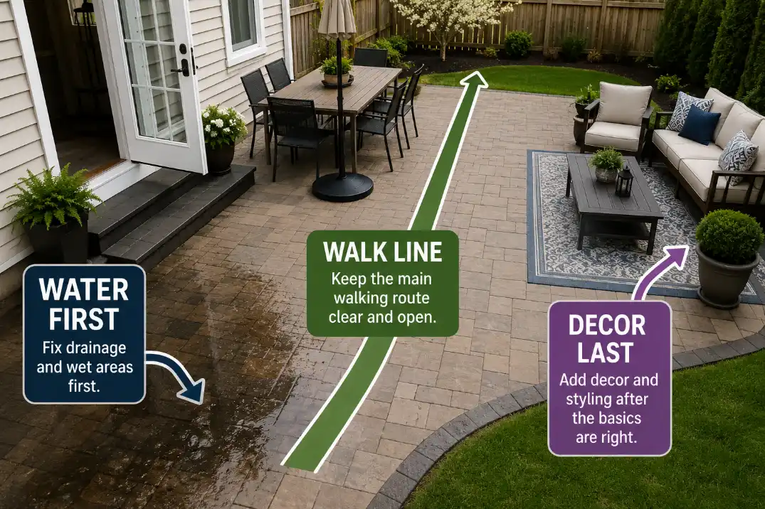 Spring patio readiness priority visual showing water checked first, a clear walking line, and decor added last.