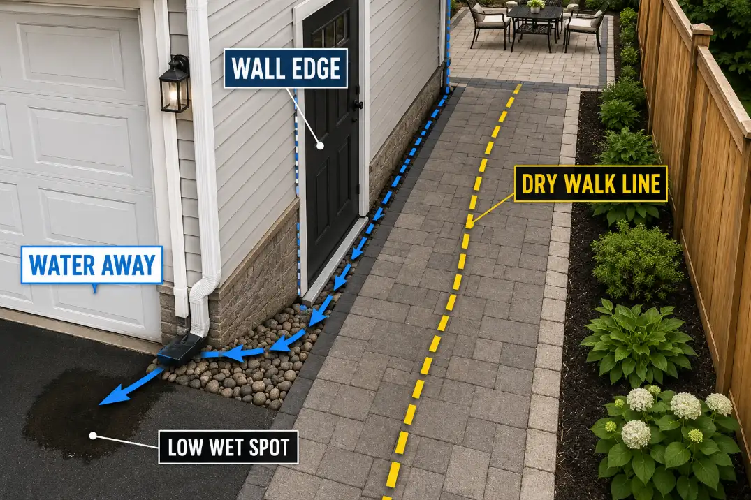 Overhead drainage diagram showing water directed away from a garage side door walkway and wall edge.