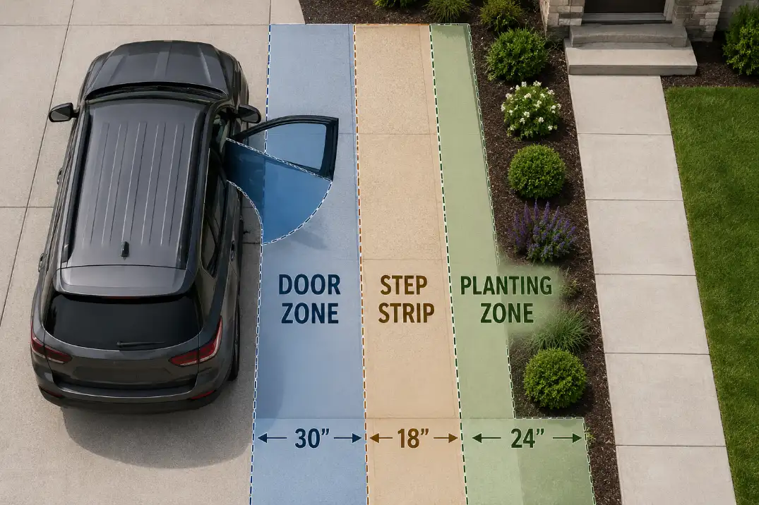Overhead driveway diagram showing a corrected door zone, hard step-out strip, and planting zone beside a parked SUV.