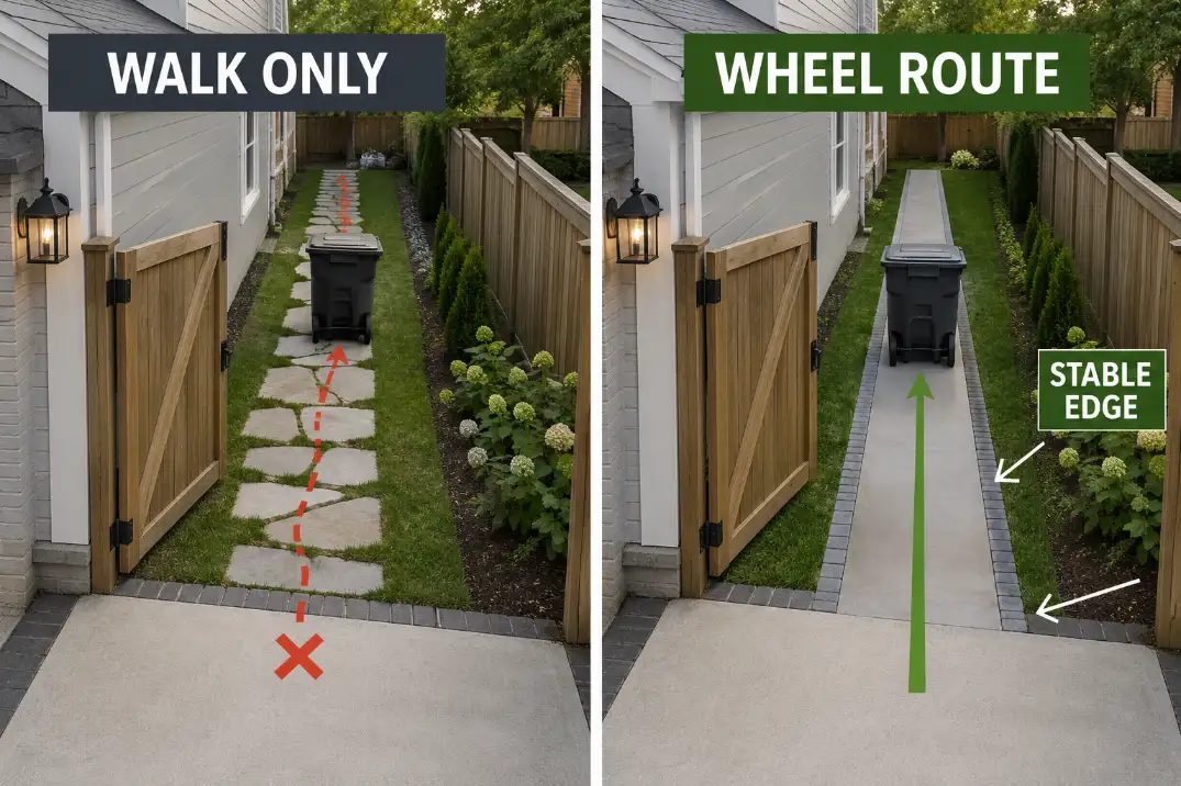 Comparison visual showing stepping stones that work only for walking beside a stable hard wheel route from driveway to backyard gate.