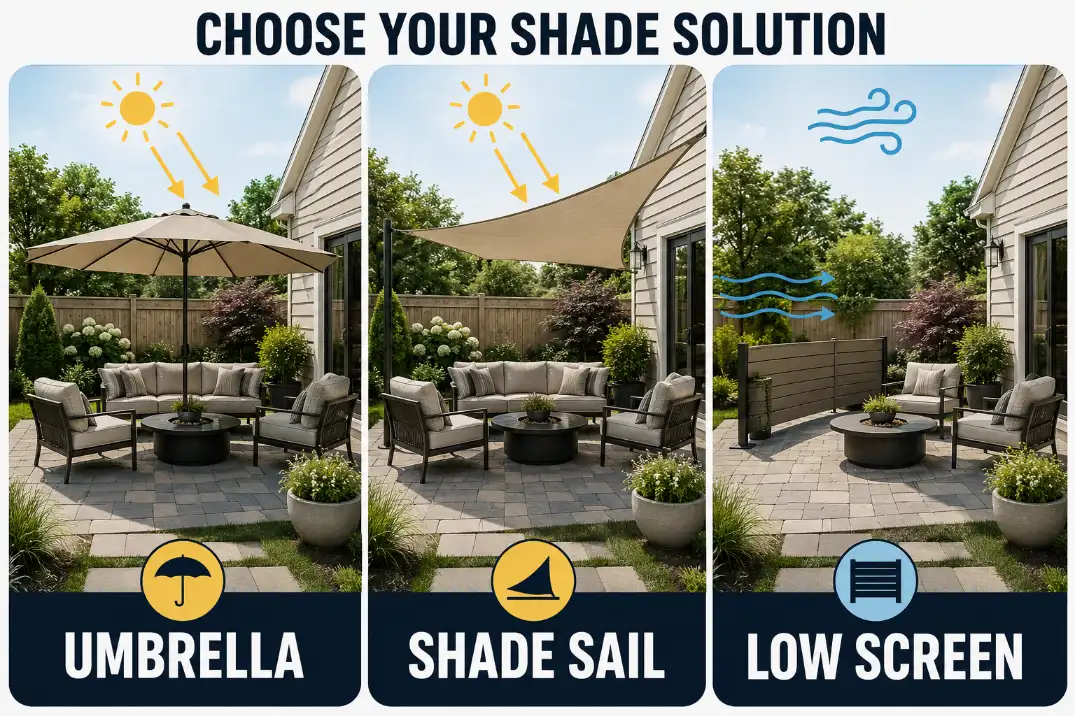 Patio shade decision diagram comparing umbrella, shade sail, and low screen for different windy yard problems.