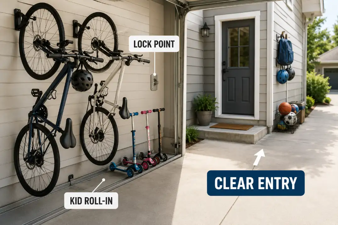 Garage-side bike and scooter storage bay with wall hooks, low kid access, a lock point, and a clear entry path.