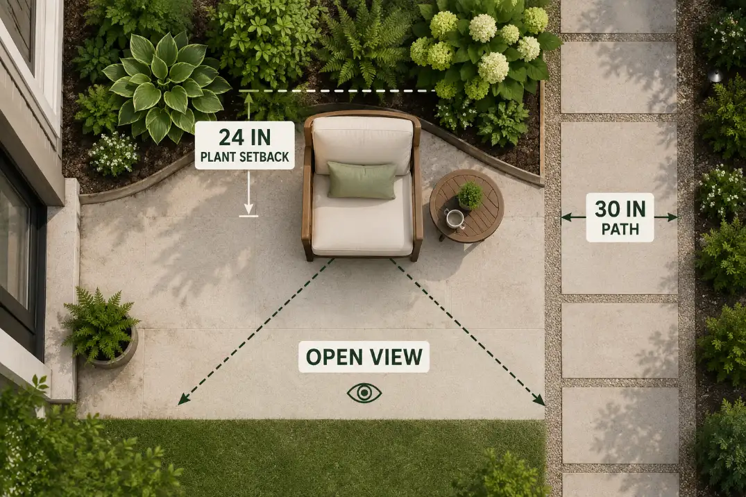 Backyard reading nook layout showing plant setback, clear walking path, and open view around a chair.