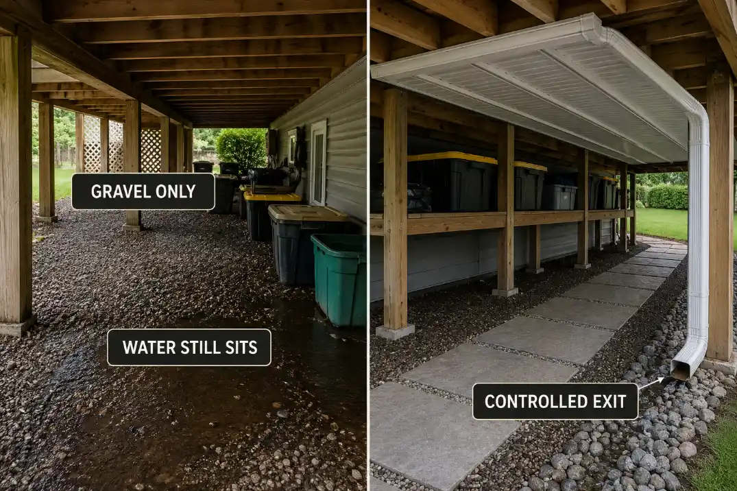 Comparison of gravel over a damp under-deck pocket versus a controlled drainage exit with raised storage.