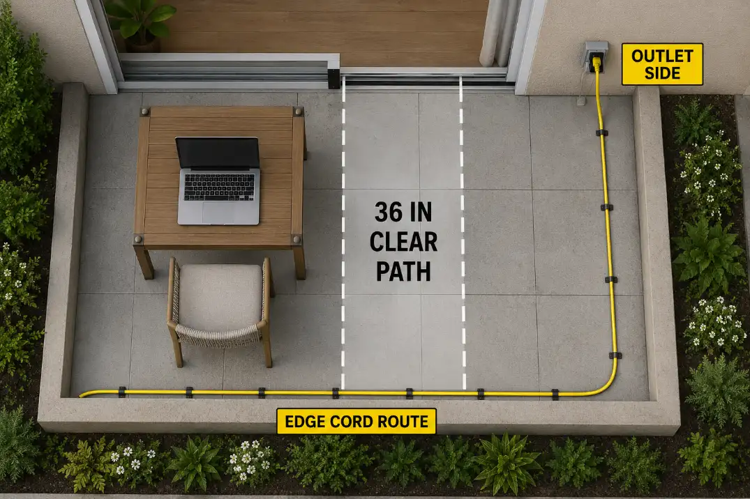 Overhead patio work space diagram showing an edge cord route, outdoor outlet side, and 36 inch clear walking path.