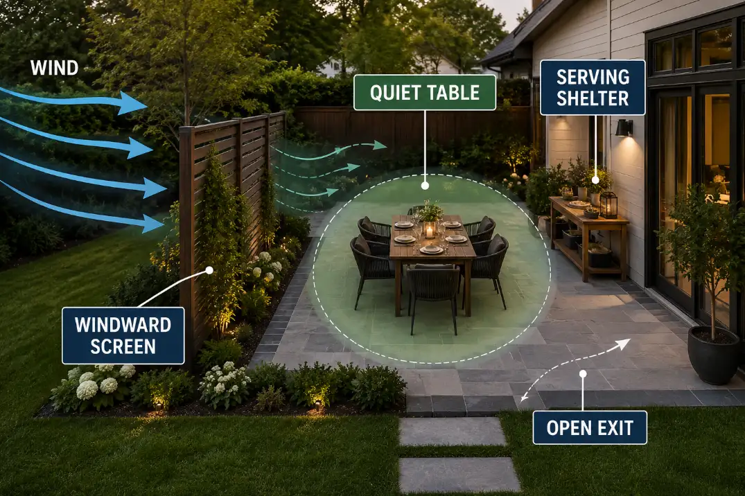 Backyard dining layout showing a quiet table zone, protected serving area, and open exit side for wind control.