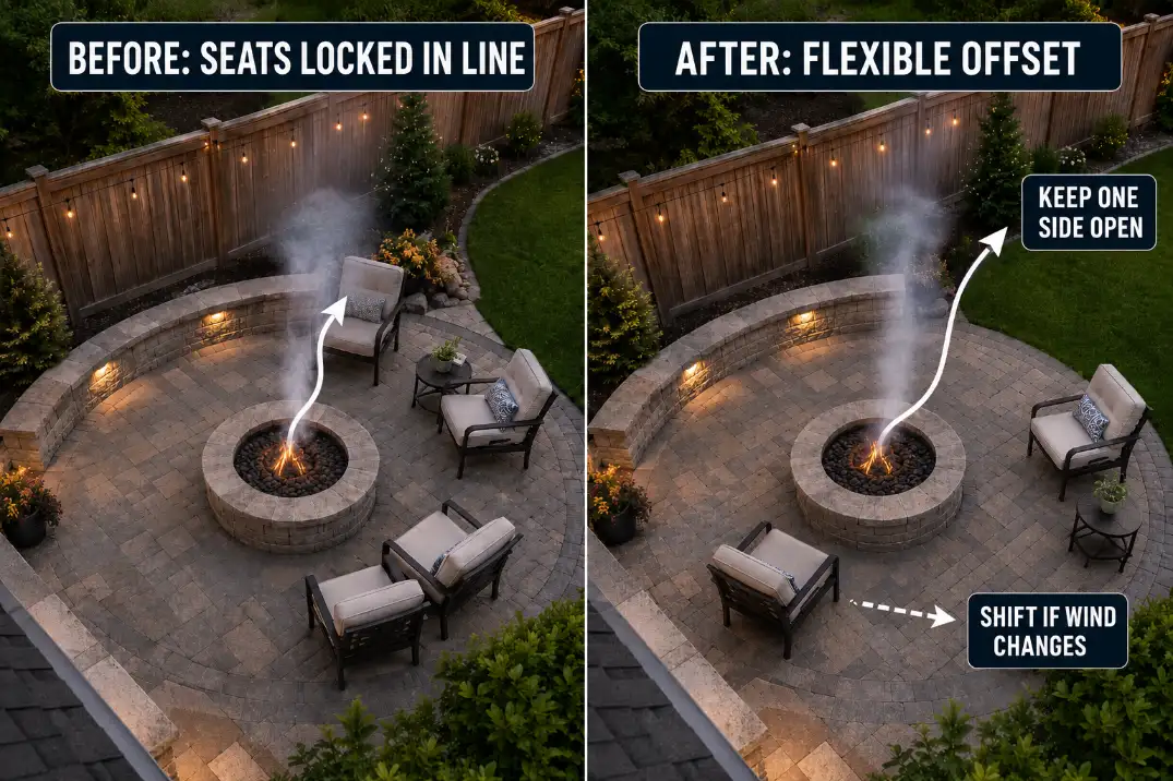 Before and after fire pit layout showing smoky-side chairs moved out of the smoke line while one escape side stays open.