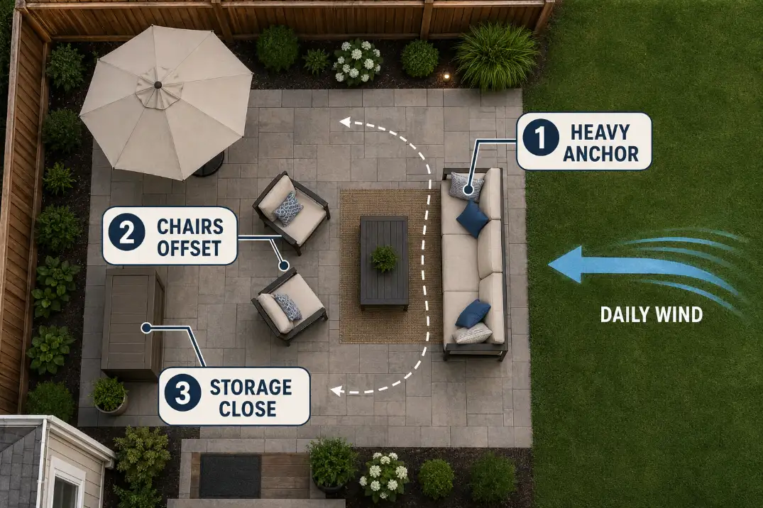 Overhead wind-resistant patio furniture layout showing heavy anchor seating, offset light chairs, and nearby storage.