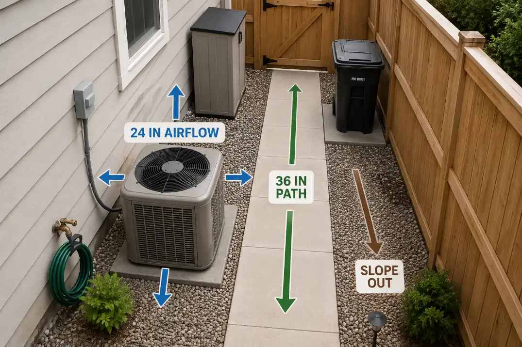 Side yard utility spacing diagram showing AC airflow clearance, drainage slope, and a clear 36-inch access path.