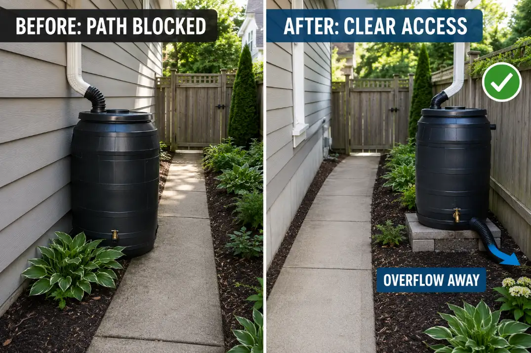 Before and after rain barrel placement showing a blocked walkway corrected with clear access and overflow routed away from the house.