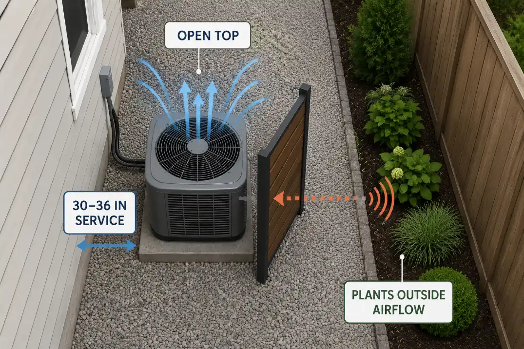 Side yard HVAC layout diagram showing an offset noise barrier with open top, service clearance, and plants outside the airflow zone.
