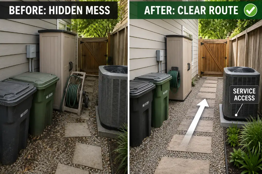 Before and after side yard utility zone showing a messy hidden corner changed into a clean route with service access.
