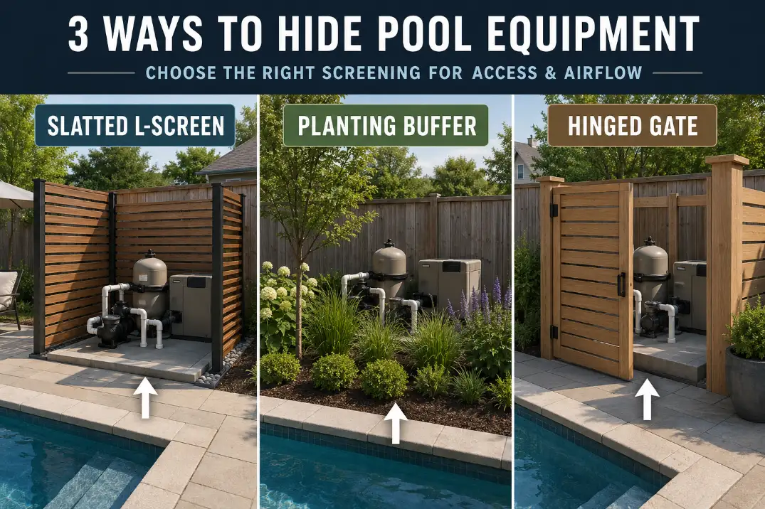 Three pool equipment screening ideas showing a slatted L-screen, planting buffer, and hinged service gate with access routes marked.