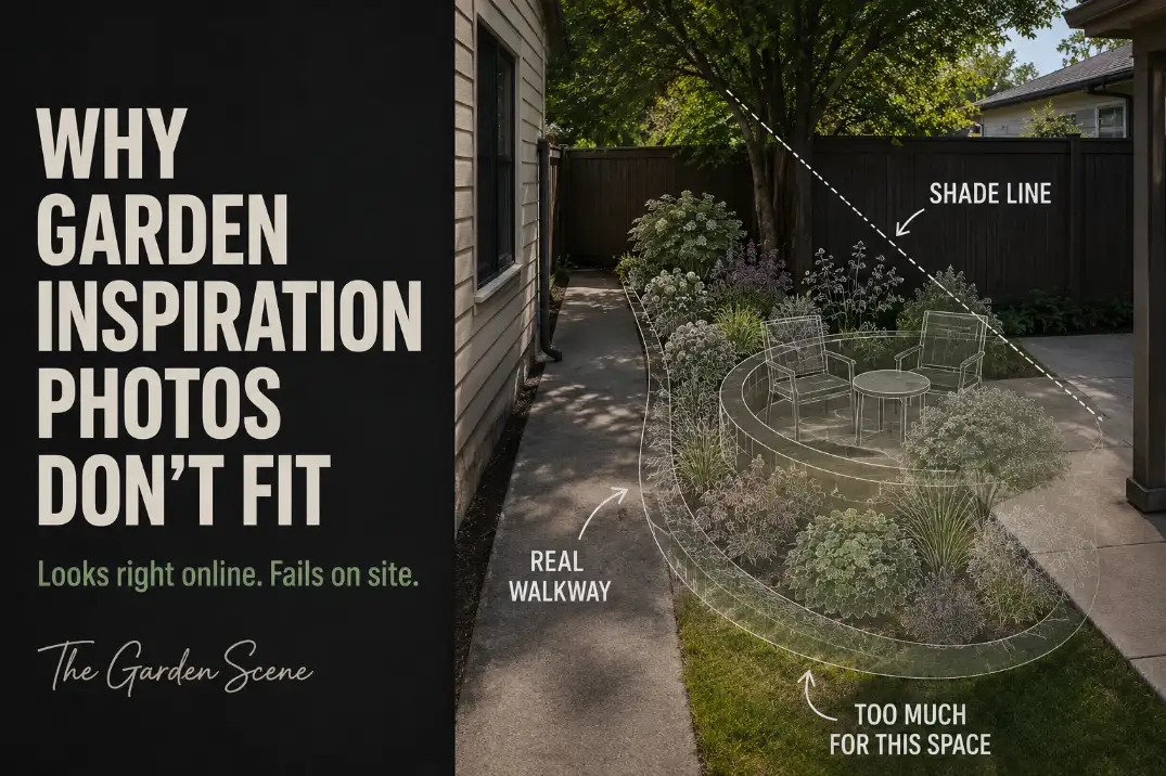 Real backyard corner with a ghosted oversized garden layout overlay showing an inspiration idea that does not fit the walkway, shade line, and patio edge.