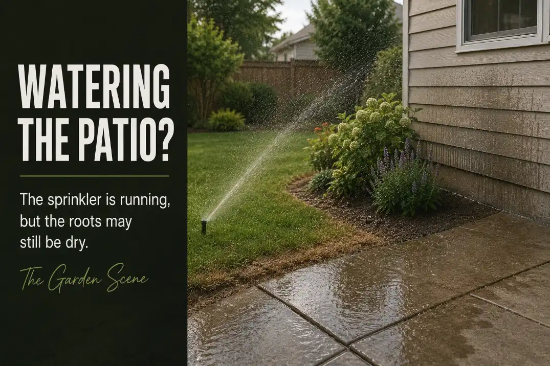 Sprinkler overspray hitting patio, walkway, and siding instead of the lawn and planting bed.