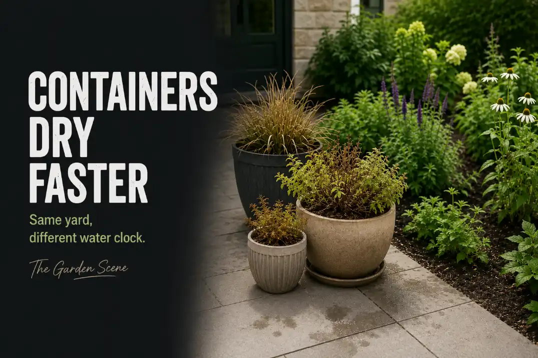 Container plants drying faster than a nearby ground bed because they hold less soil and heat up more quickly.