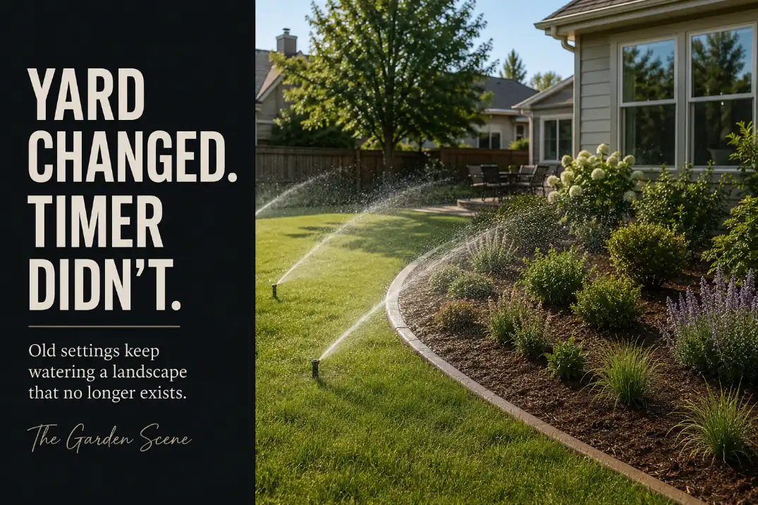 Automatic sprinklers follow an old watering pattern after the lawn area and planting needs have changed.