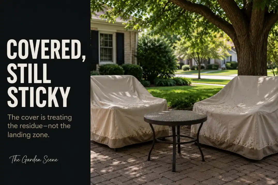 Covered patio seating remains inside a recurring tree sap landing zone.