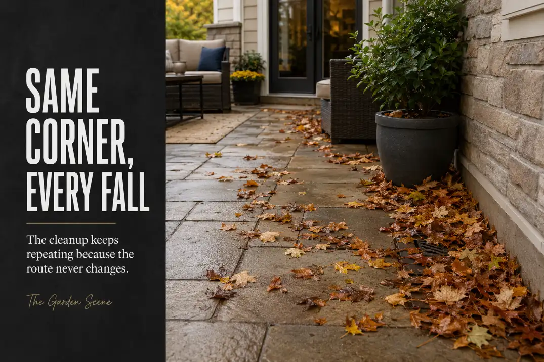 Fall leaves repeatedly collect in a sheltered patio corner and partially cover an outdoor drain.