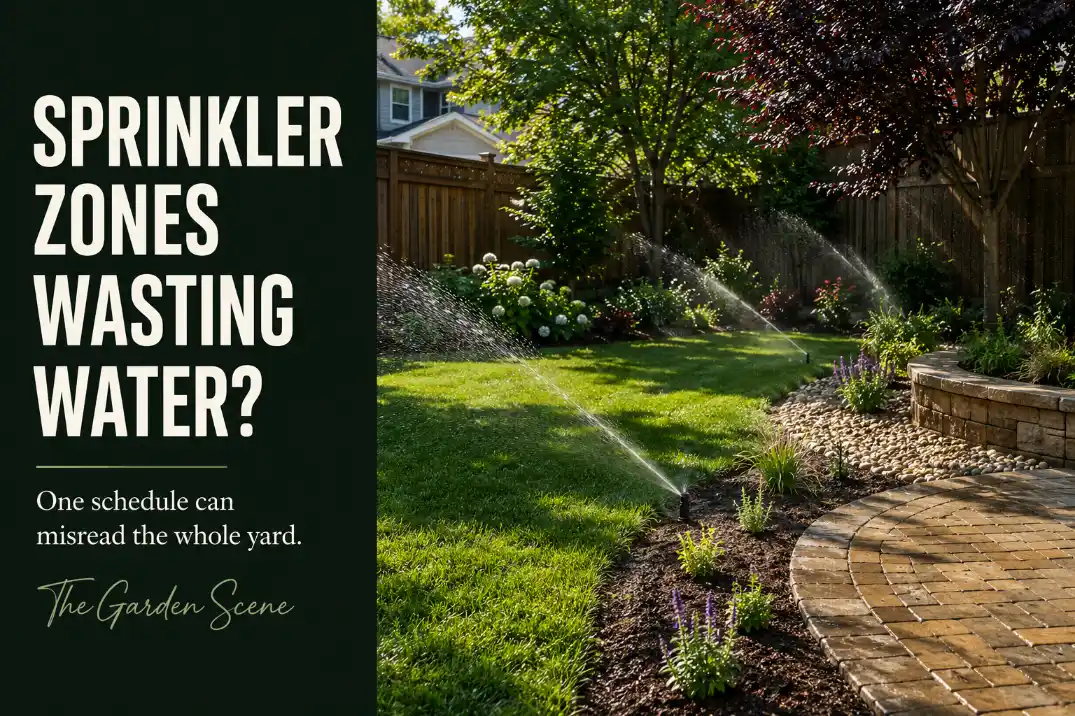 Mixed backyard sprinkler zone watering lawn, planting beds, shade, and patio edges with different water needs.