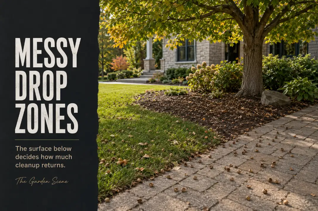 Acorns and seed pods scattered across a lawn, mulched bed, and walkway beneath a mature yard tree.