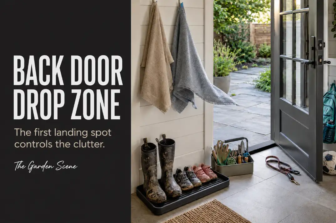 Back door drop zone containing muddy shoes, towels, garden gear, kids’ items, and a dog leash beside a clear walking path.