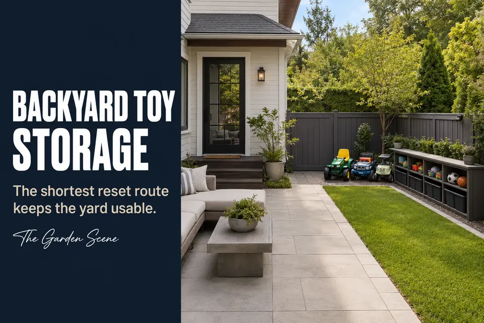 Backyard toy storage along an inactive edge with a clear walking path and usable patio seating.