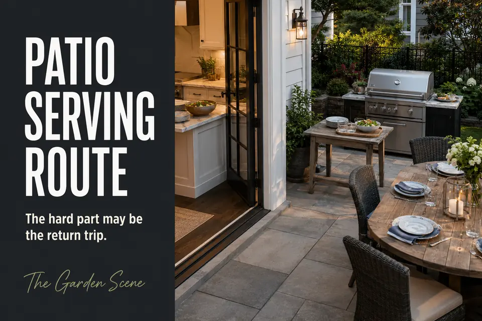 Patio-to-kitchen serving route connecting the back door, grill, serving surface, and dining table.