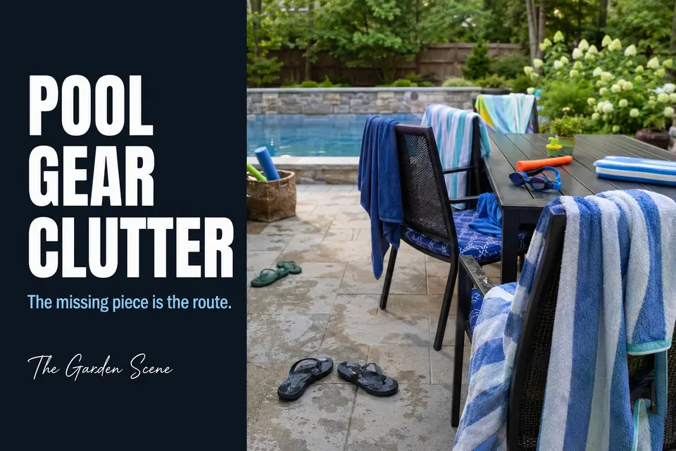 Wet towels, pool toys, goggles, and sandals occupying patio seating and the walking path after swimming.
