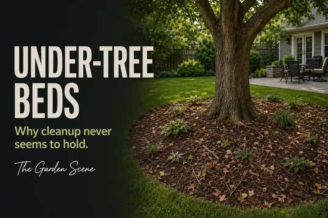 Debris collecting in a visually weak planting bed beneath a large backyard tree.