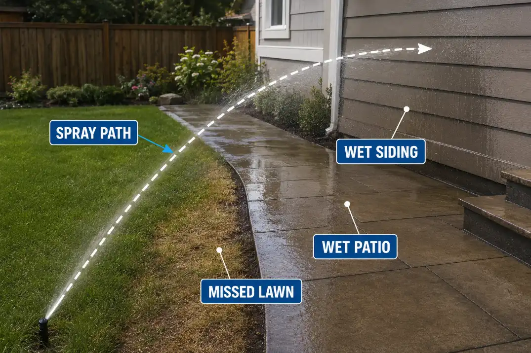 Overlay showing sprinkler spray path wetting a patio and siding while missing part of the lawn.