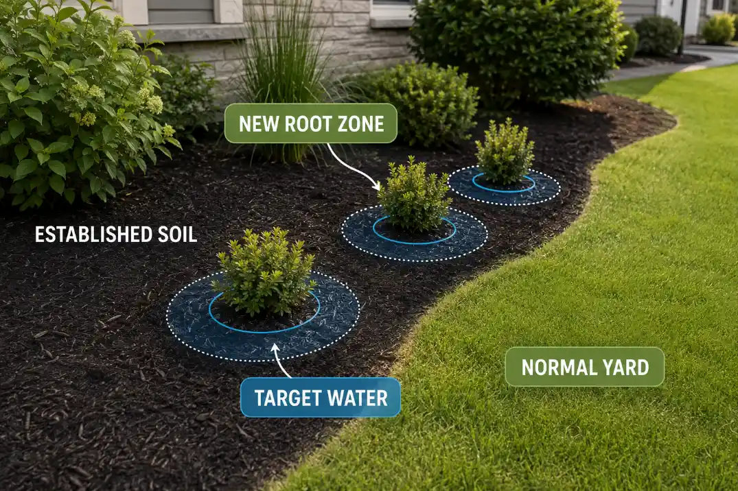 Overlay showing the new plant root zone as the correct watering target beside established soil.