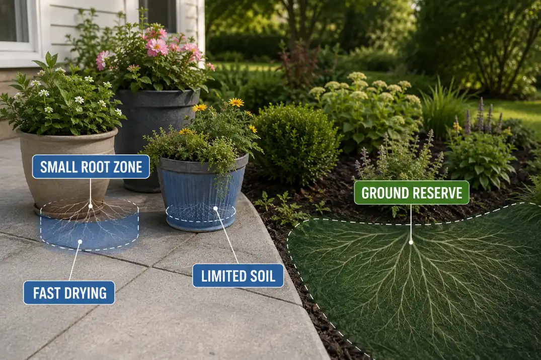Overlay showing a small container root zone compared with the larger moisture reserve in a ground planting bed.