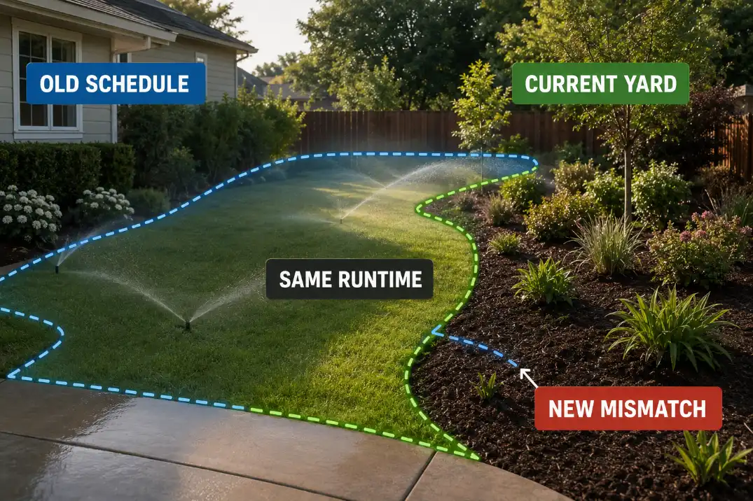 An old sprinkler schedule continues across a backyard whose lawn and planting layout have changed.