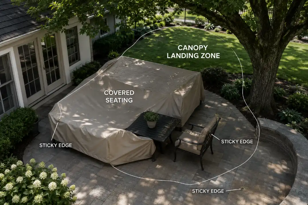 Thin boundary lines show a tree sap landing zone overlapping covered patio seating.
