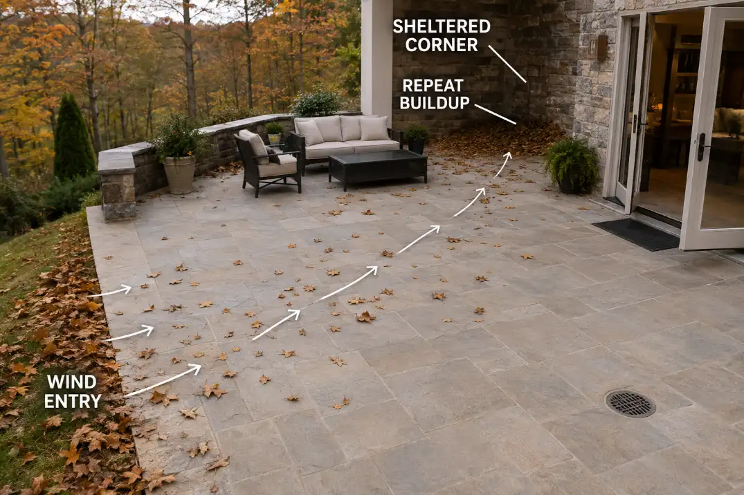 Dry leaves move across an exposed patio edge and settle in the same sheltered corner.