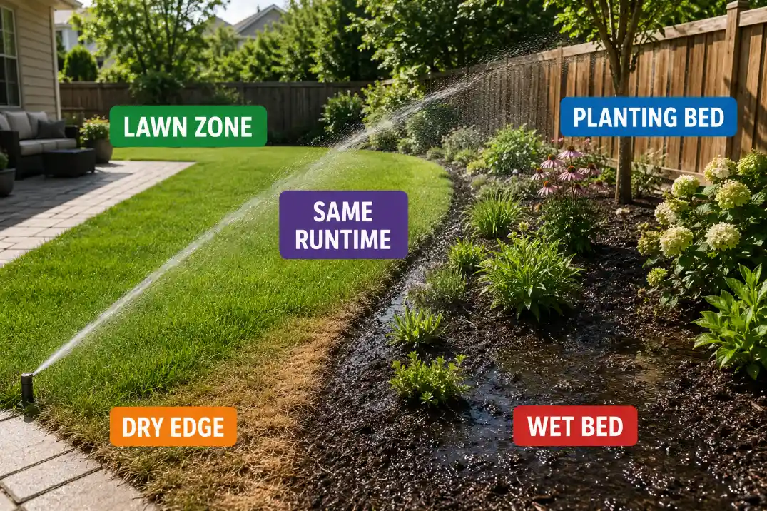 Lawn and planting bed in the same backyard sprinkler zone showing dry turf edge and wet bed from the same runtime.