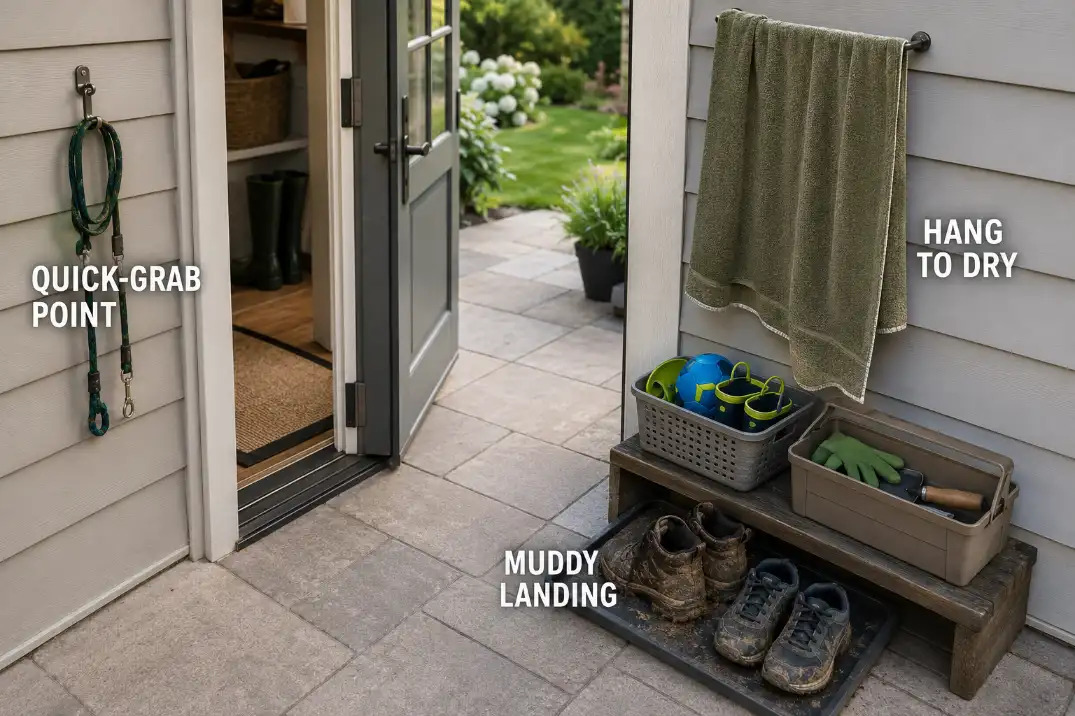 Back door first-landing zones separating muddy shoes, damp towels, and frequently reused outdoor gear.
