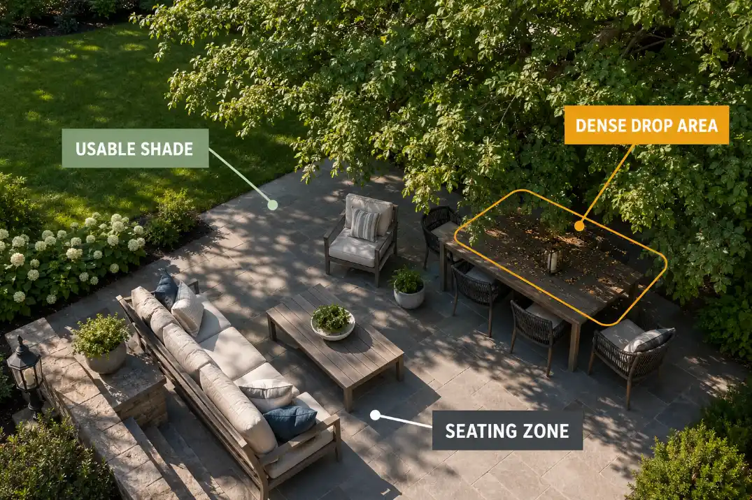 Patio seating showing a concentrated debris drop area beneath dense branches and a cleaner usable shade zone nearby.