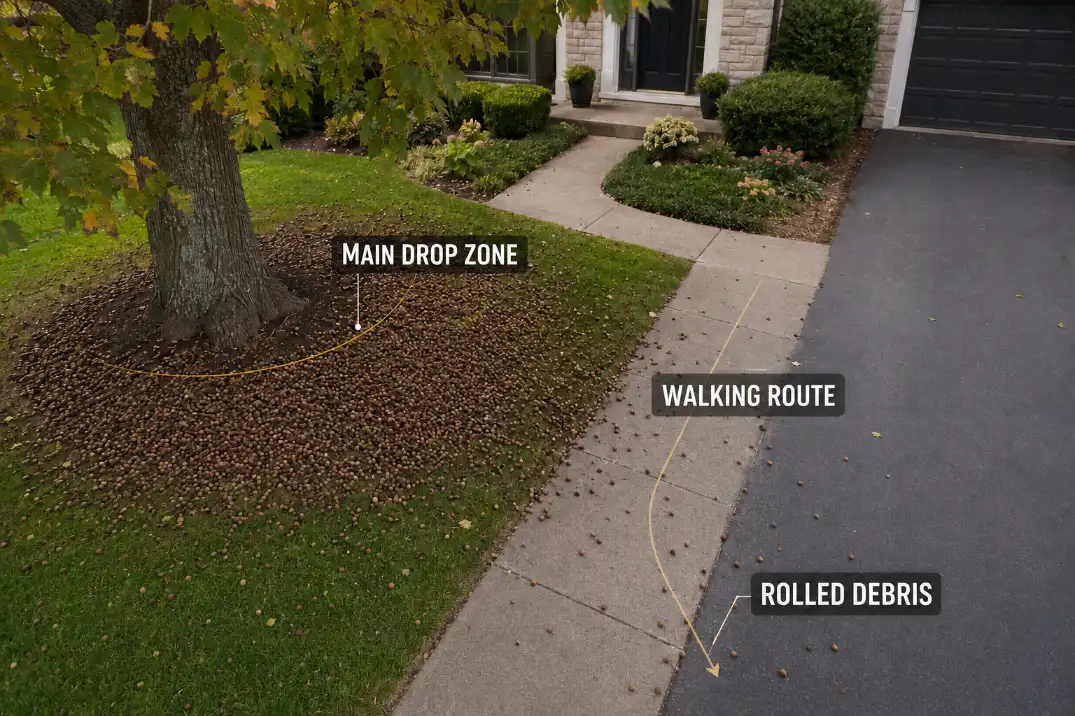 Acorns and seed pods extending from a tree drop zone onto a frequently used front walkway.