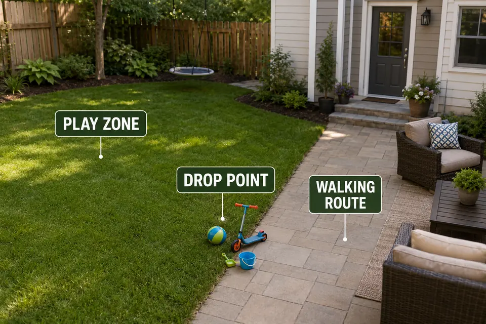 Backyard toys collecting at a drop point between the play zone and main walking route.