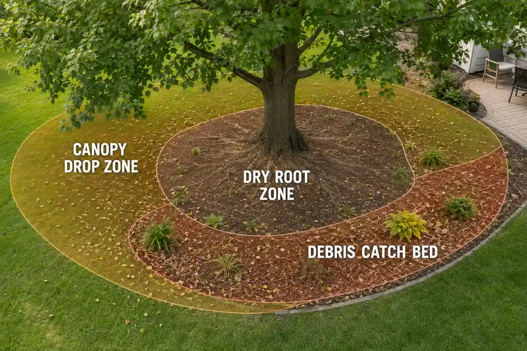 Backyard tree bed showing the canopy drop zone, dry root zone, and debris-catching surface.