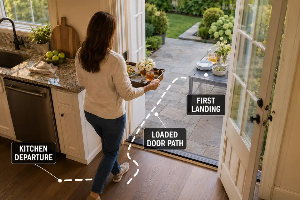 Loaded serving path from a kitchen counter through the back door to the first patio landing point.