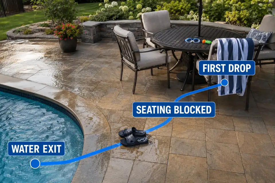 A post-swim route carrying wet towels and pool gear directly from the water exit to patio furniture.