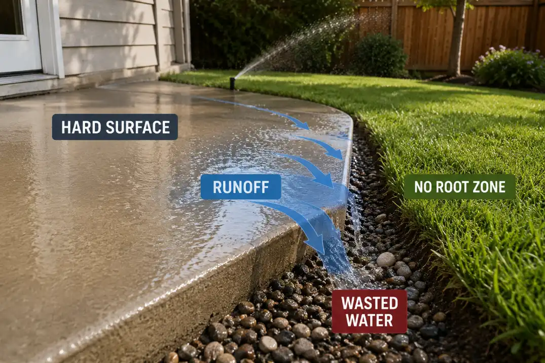 Sprinkler water running across a hard patio surface instead of soaking into the lawn root zone.