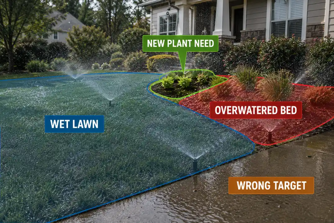 Overlay showing how increasing the whole yard timer can overwater established lawn and beds around new plants.