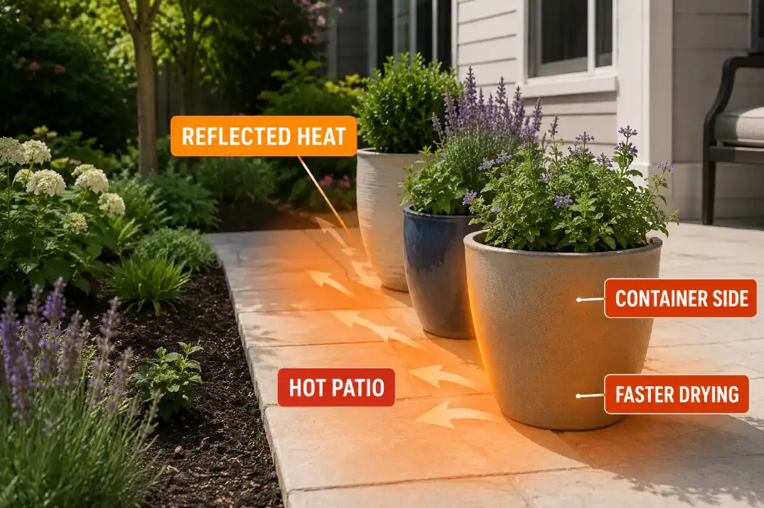 Patio containers exposed to reflected heat from paving while nearby ground bed soil stays cooler.